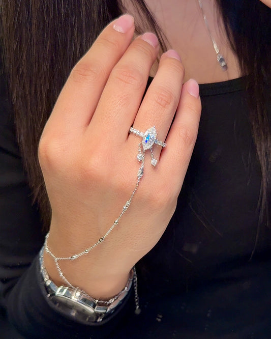 Marquise Cut Moissanite Dangling Hand Chain Ring