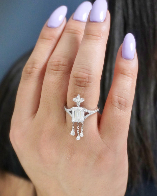 Emerald Cut Moissanite Dangling Ring
