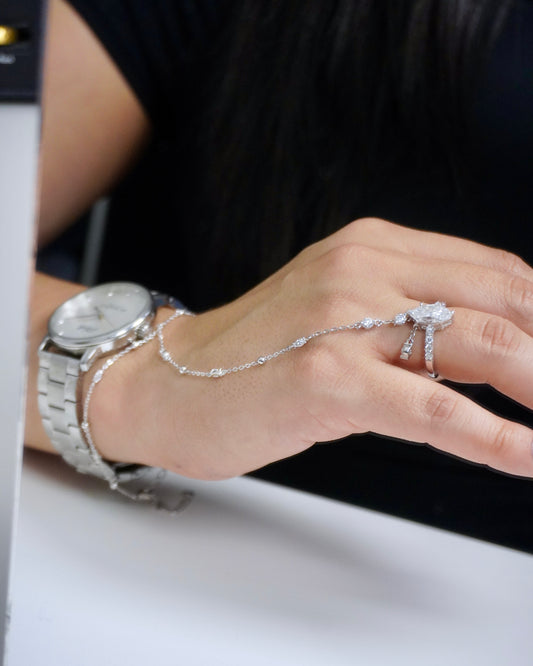 Marquise Cut Moissanite Dangling Hand Chain Ring