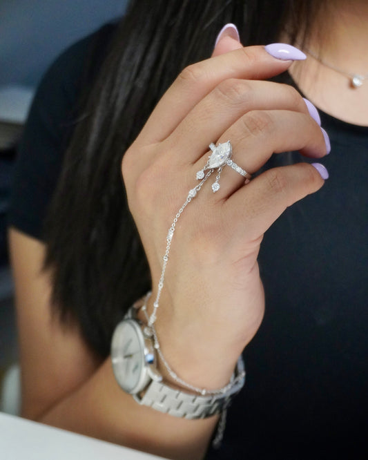 Marquise Cut Moissanite Dangling Hand Chain Ring