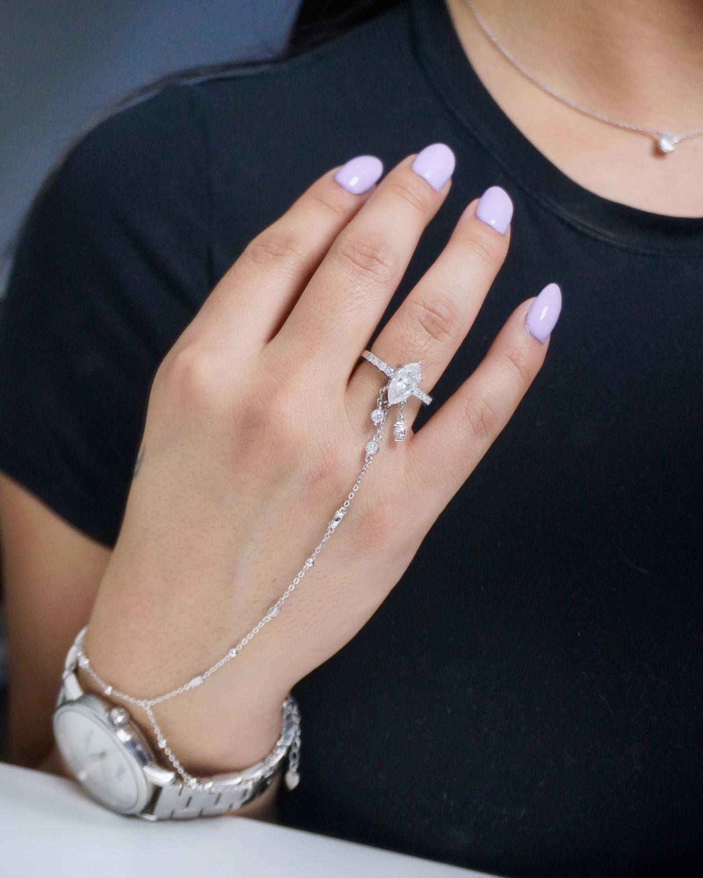Marquise Cut Moissanite Dangling Hand Chain Ring
