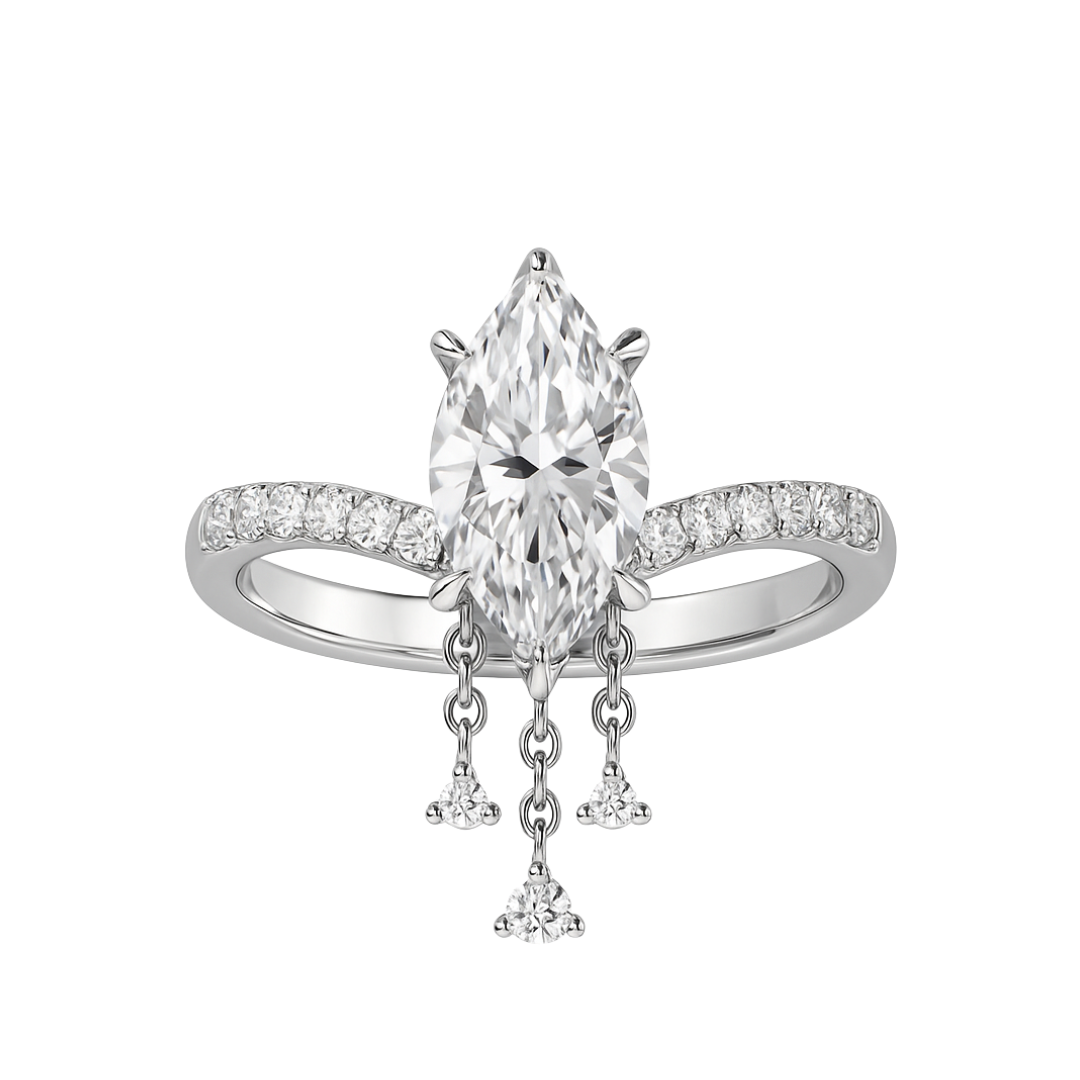 Moissanit-Ring im Marquise-Schliff baumelnd